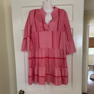 Red and White Tiered Ruffled Sundress with Bell Sleeves